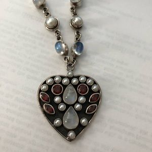 Pre-owned Nicky Butler sterling silver moonstone garnet Pearl heart necklace